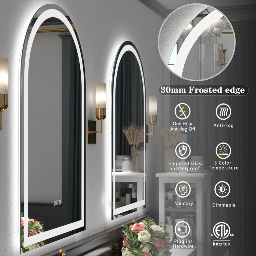 24x32 Inch Arched LED Bathroom Mirror with Lights