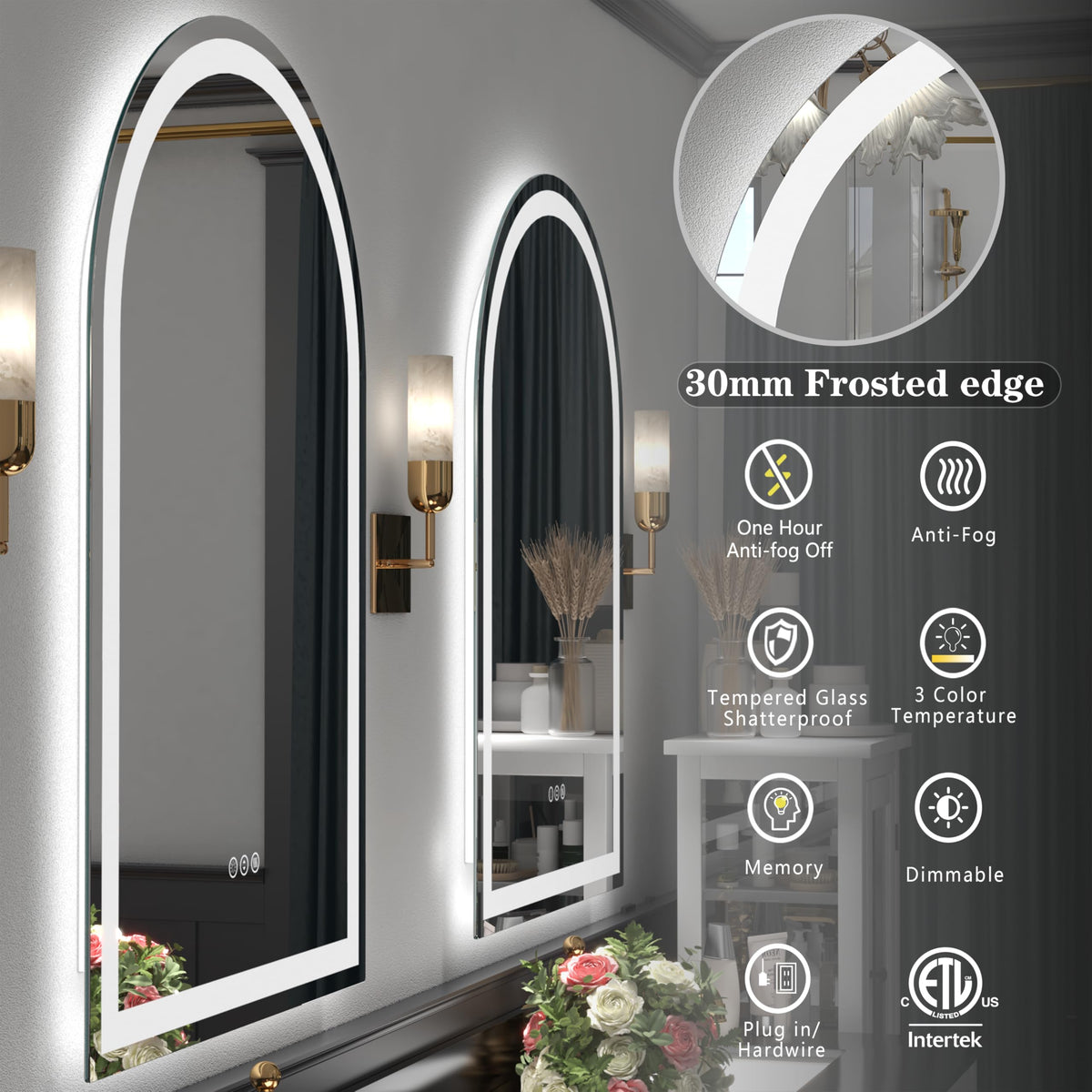 24x40 Inch Arched LED Bathroom Mirror