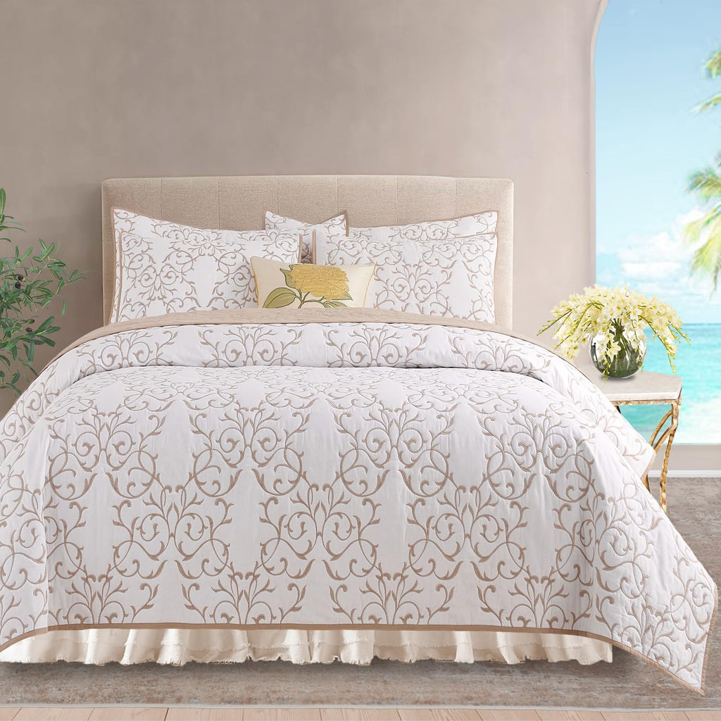 Cotton Quilt - Embroidered Beige Quilt Tan Cotton Coverlet, French Country Toile Bedding, Farmhouse Bed