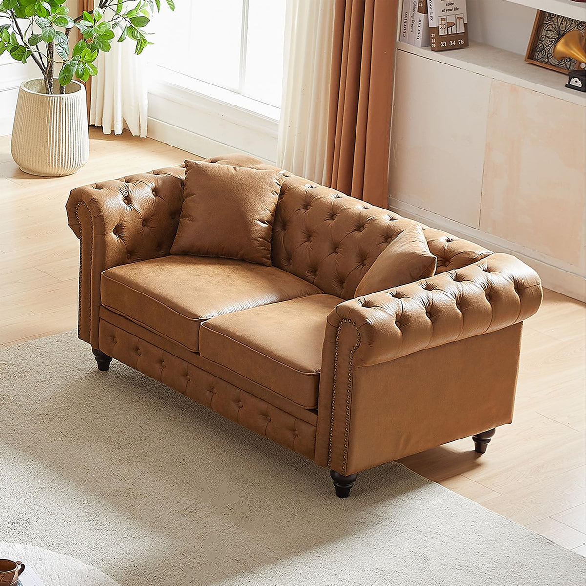 63.5inch Modern Upholstered Chesterfield Tech Fabric Loveseat Sofa, Brown