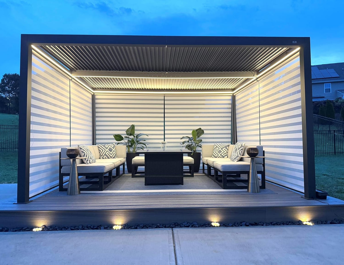 LED Louvered Pergola 94AS 12'x 16' Full Aluminum Frame and Adjustable Roof Integrated Strip Lights Deck Garden Patio