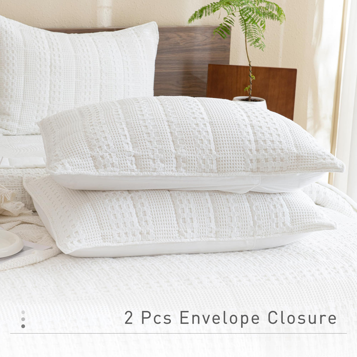 Cotton Quilt 110"x98", White Waffle Weave Bedspread, 3 Pieces Lightweight Ultra Soft Farmhouse