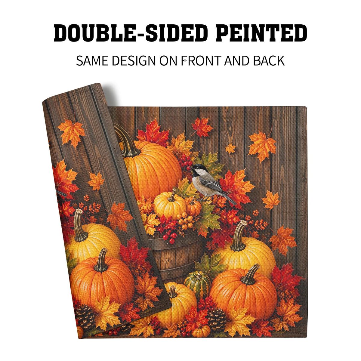 Autumn Placemats Set of 4 12x18 Inch Fall Maple Leaf Pumpkins Birds Decorative Linen Table Mat Rustic Wood Board