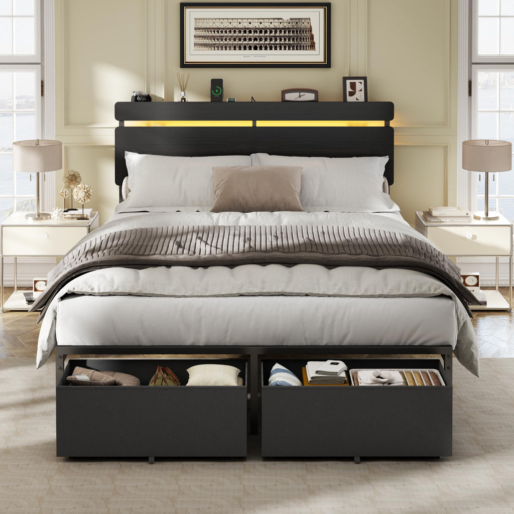 Full Size Bed Frame with Wood Headboard, 2 Storage Drawers & Shelf
