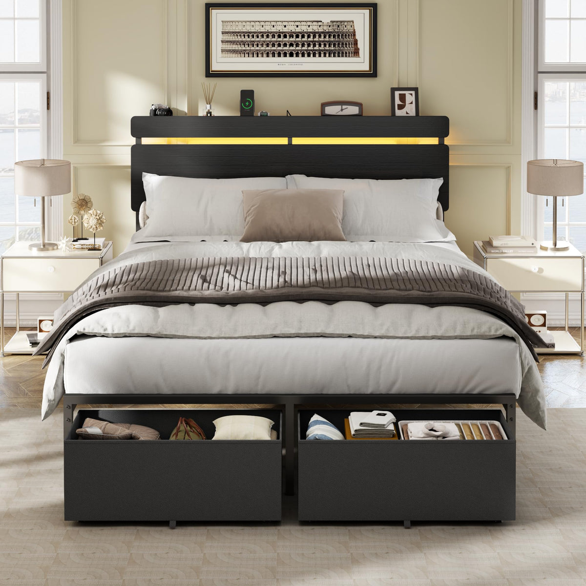 Full Size Bed Frame with Wood Headboard, 2 Storage Drawers & Shelf