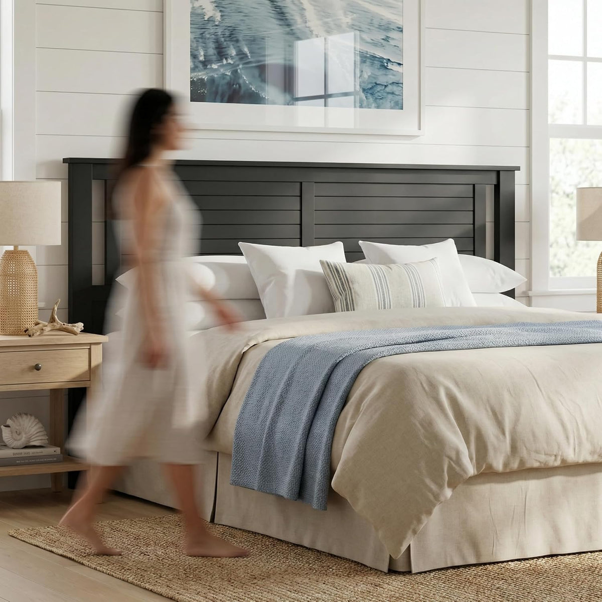 Serene Solid Wood Panel Headboard with Horizontal Scoring, King, Black, Easy Assembly, Quality Materials