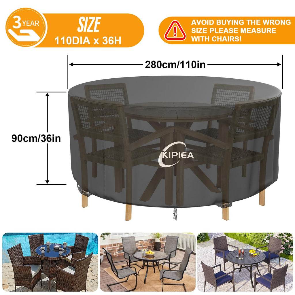 Round Patio Table cover Waterproof, Heavy-Duty Round Patio Furniture Covers, No Tears Anti UV No Fading (110" Dia x