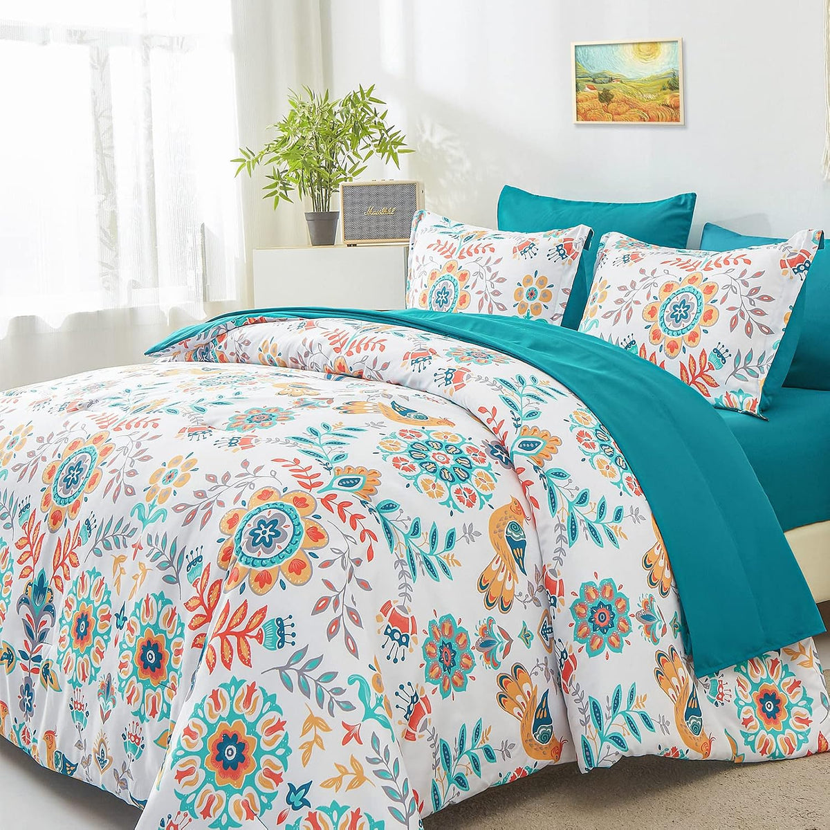 Floral Medallion Boho Comforter Set, 7-Piece Bed in a Bag