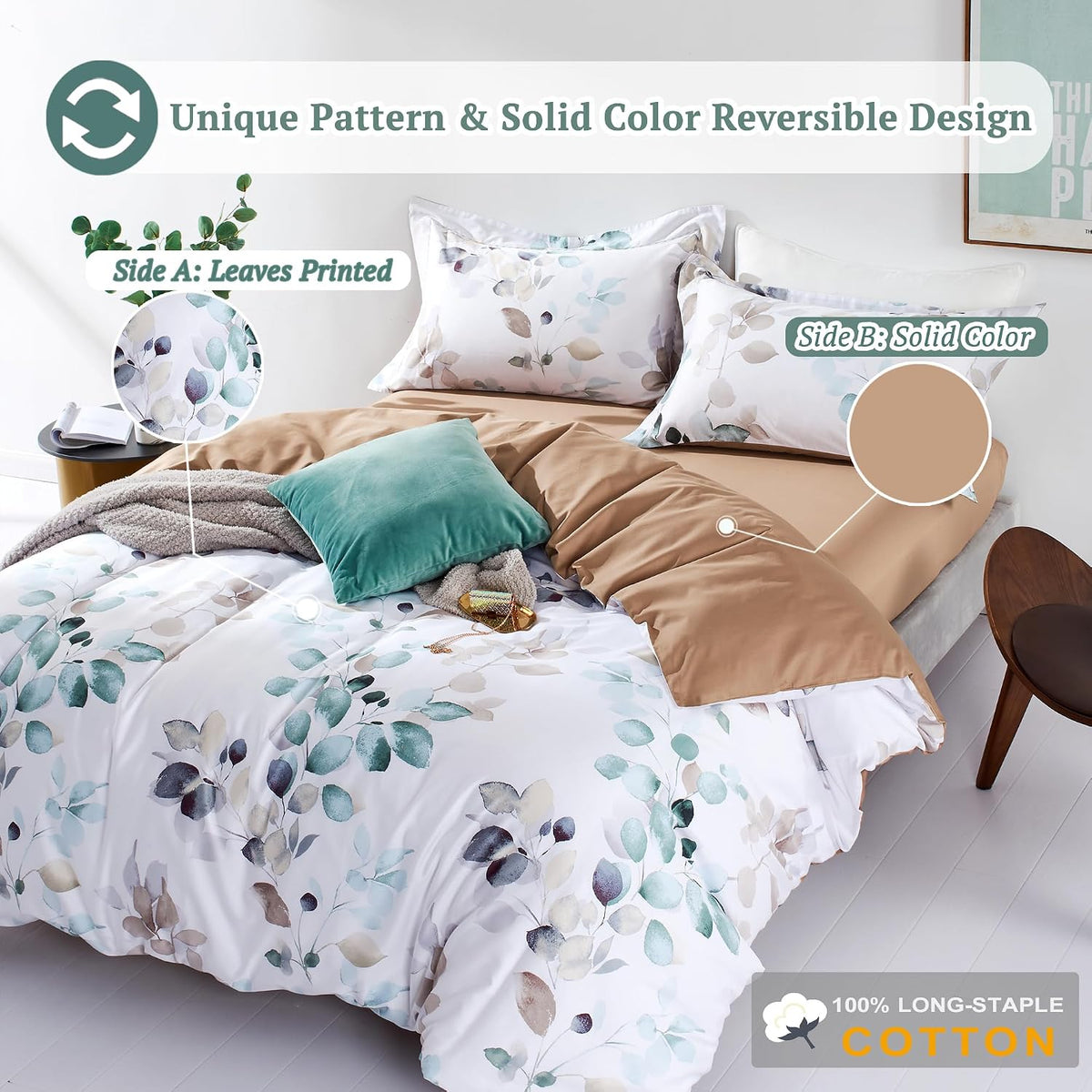 Floral Duvet Cover Set - 100% Long-Staple Cotton Green Leaves Pattern Printed Comforter Cover 3pcs Soft Breathable