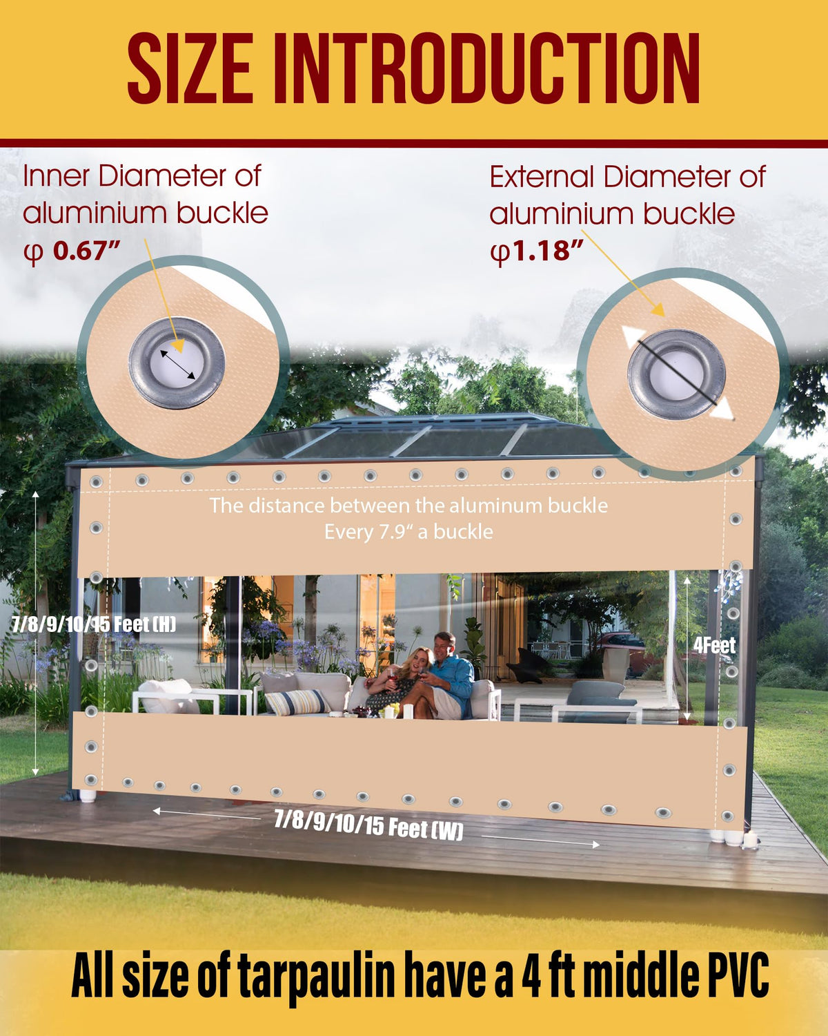 8'Hx15'W Outdoor Vinyl Curtain, 19oz Clear PVC Patio Tarps, Beige