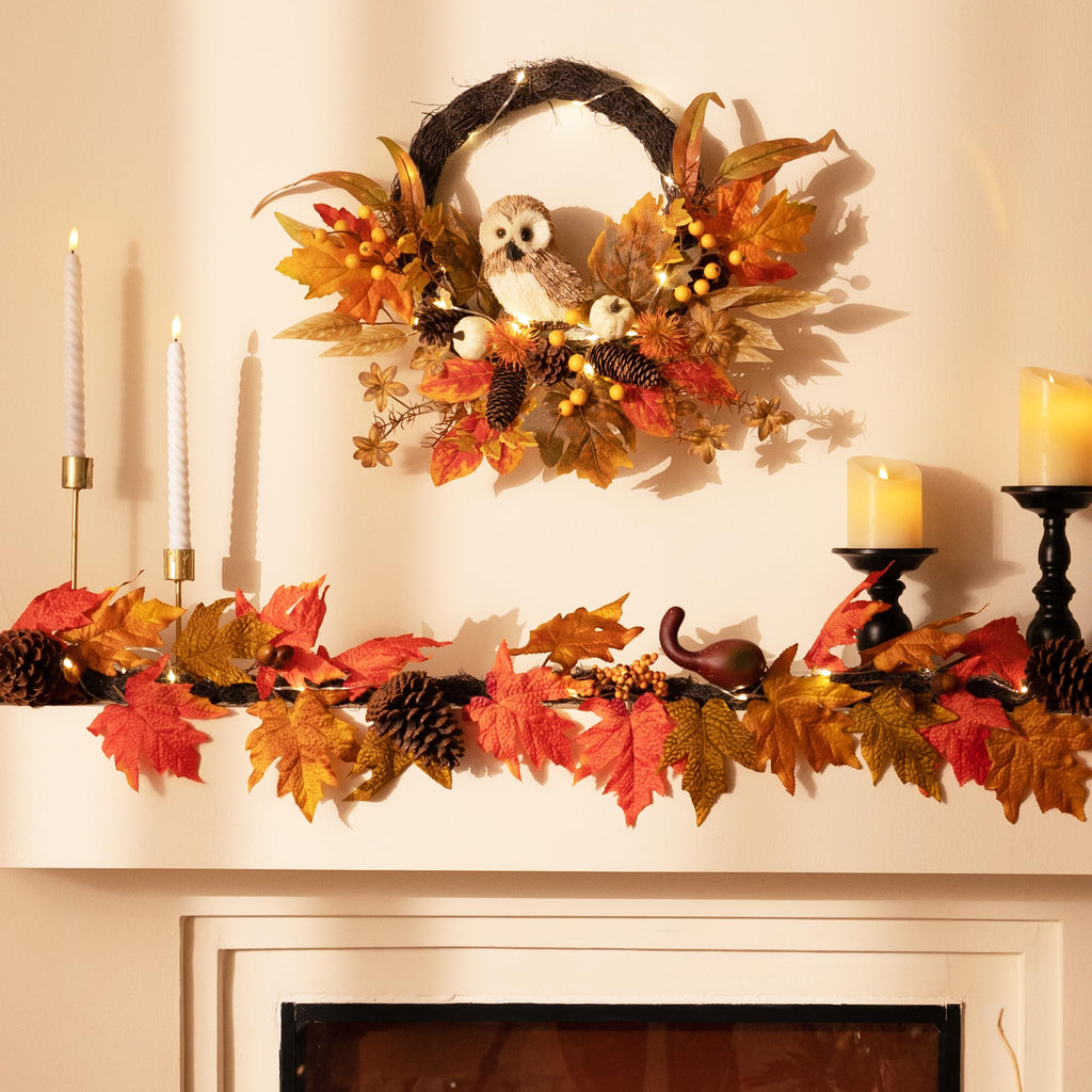 18'' Fall Wreath for Front Door with Owl Pumpkin