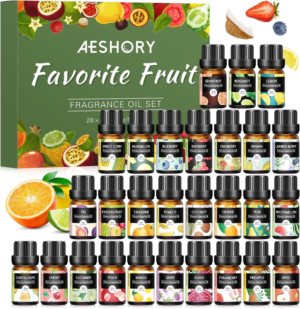 Fruity Essential Oils Set - Top 28 Fruit Fragrance Oil for Candle Making, Diffusers - Strawberry, Apple, Pineapple - Set of 28