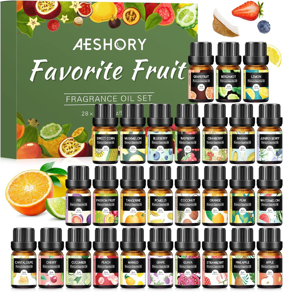 Fruity Essential Oils Set - Top 28 Fruit Fragrance Oil for Candle Making, Diffusers - Strawberry, Apple, Pineapple - Set of 28