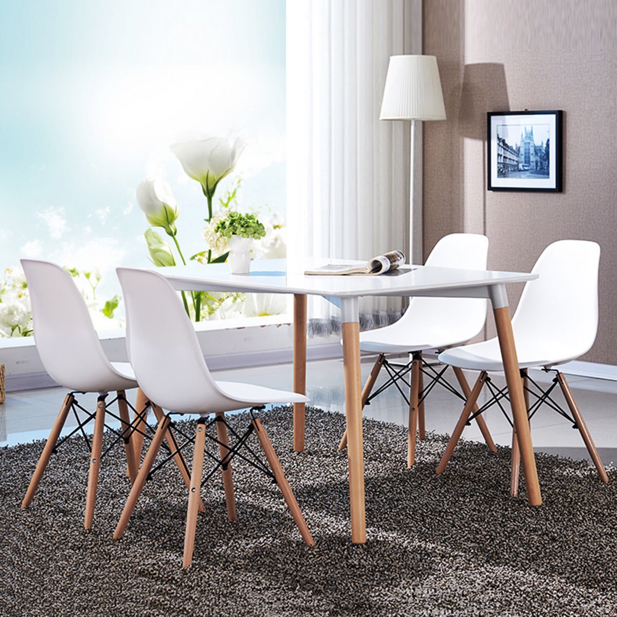 Inspired Eames Style Dinning Chair Set of 4, Mid Century Modern Eiffel DSW Shell Molded Plastic Chair, Dining, Living Room