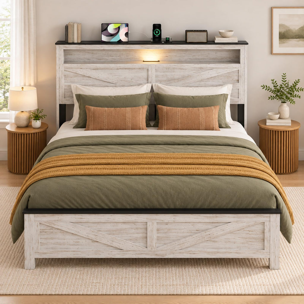 Farmhouse Bed Frame with LED Charging Headboard