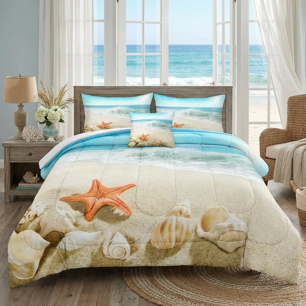 Beach Theme Comforter Seashell Comforter Set Beach Room Decor Starfish Seashore Ocean Quilt Set 3 Pcs Beachy