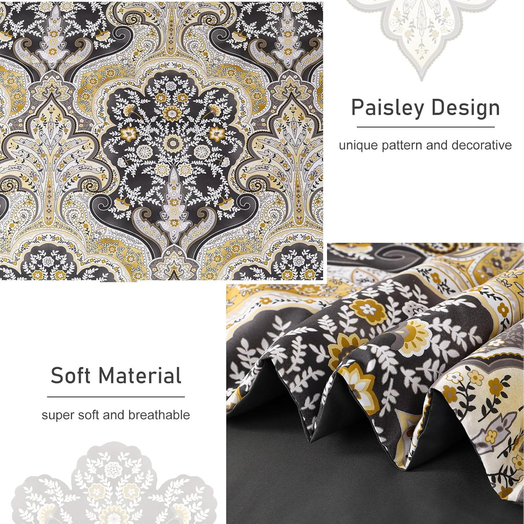 Boho Paisley Comforter Set Queen, 7 Pieces Bed in a Bag, Black and Gold