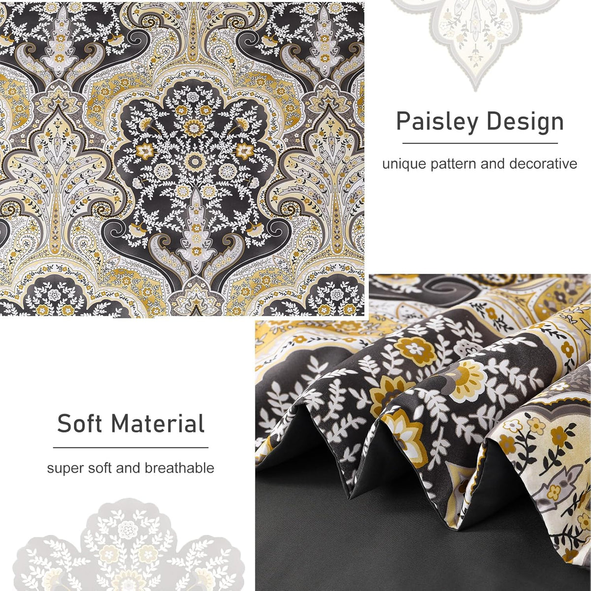Boho Paisley Comforter Set Queen, 7 Pieces Bed in a Bag, Black and Gold