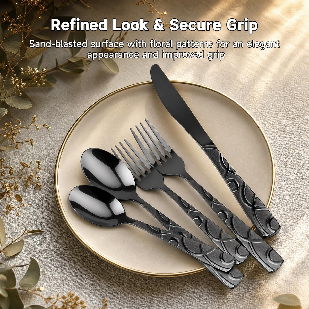 Black Silverware Set, 20 Piece Stainless Steel Cutlery Set for 4