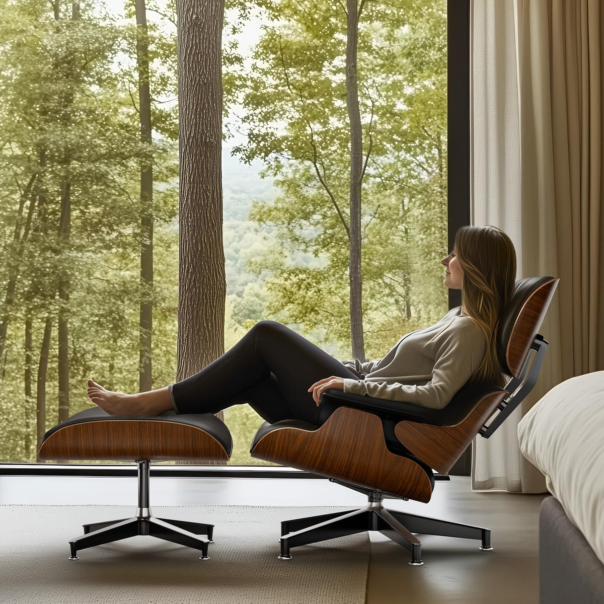 Inspired Eames Style Mid Century Modern Top PU Leather Chaise Lounge Chair & Ottoman
