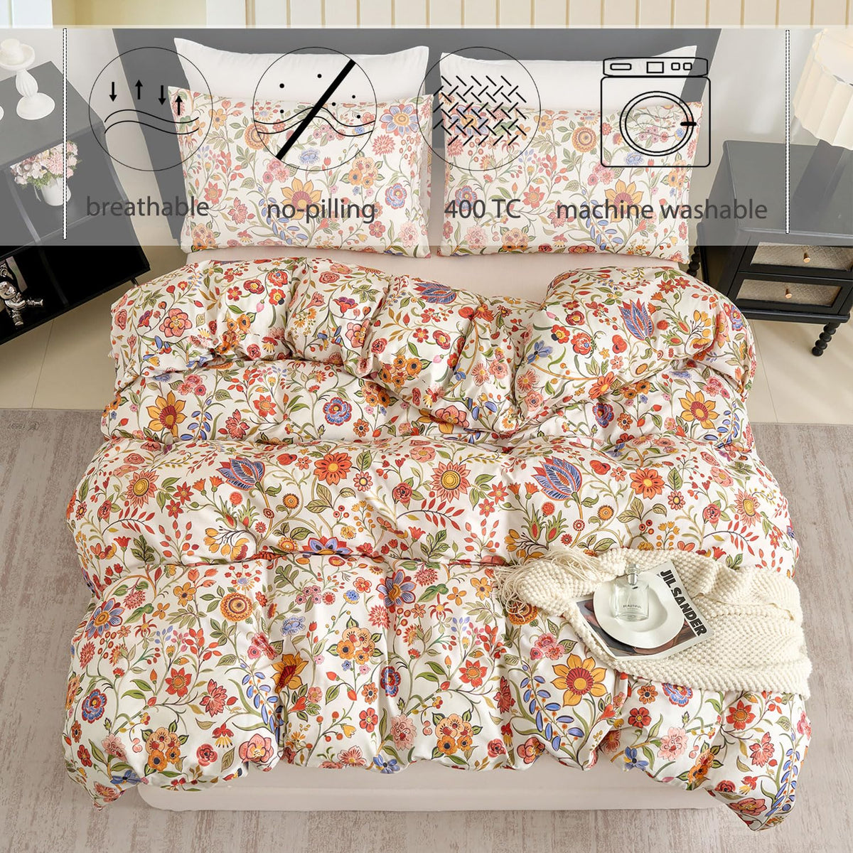 Floral Duvet Cover Set Queen Size 100% Percale Cotton Boho Comforter Cover with Zipper, Soft Breathable, 3Pcs-Not