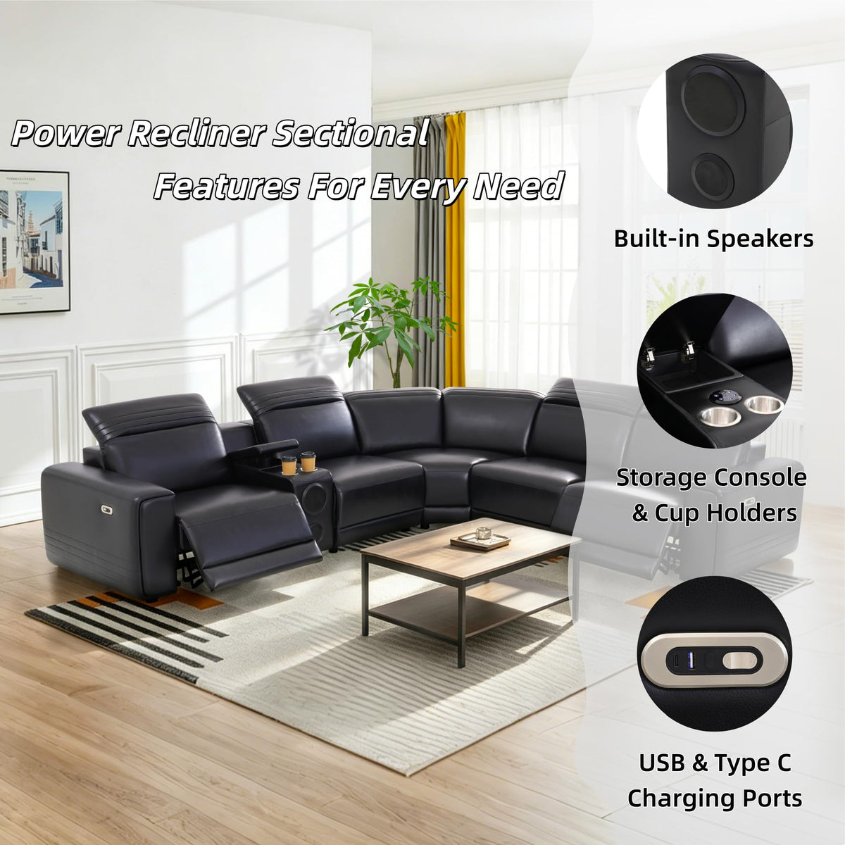 Power Recliner Sectional Couch, Breathing Leather Living Room Furniture Set, Reclining Corner Sectional Sofa with