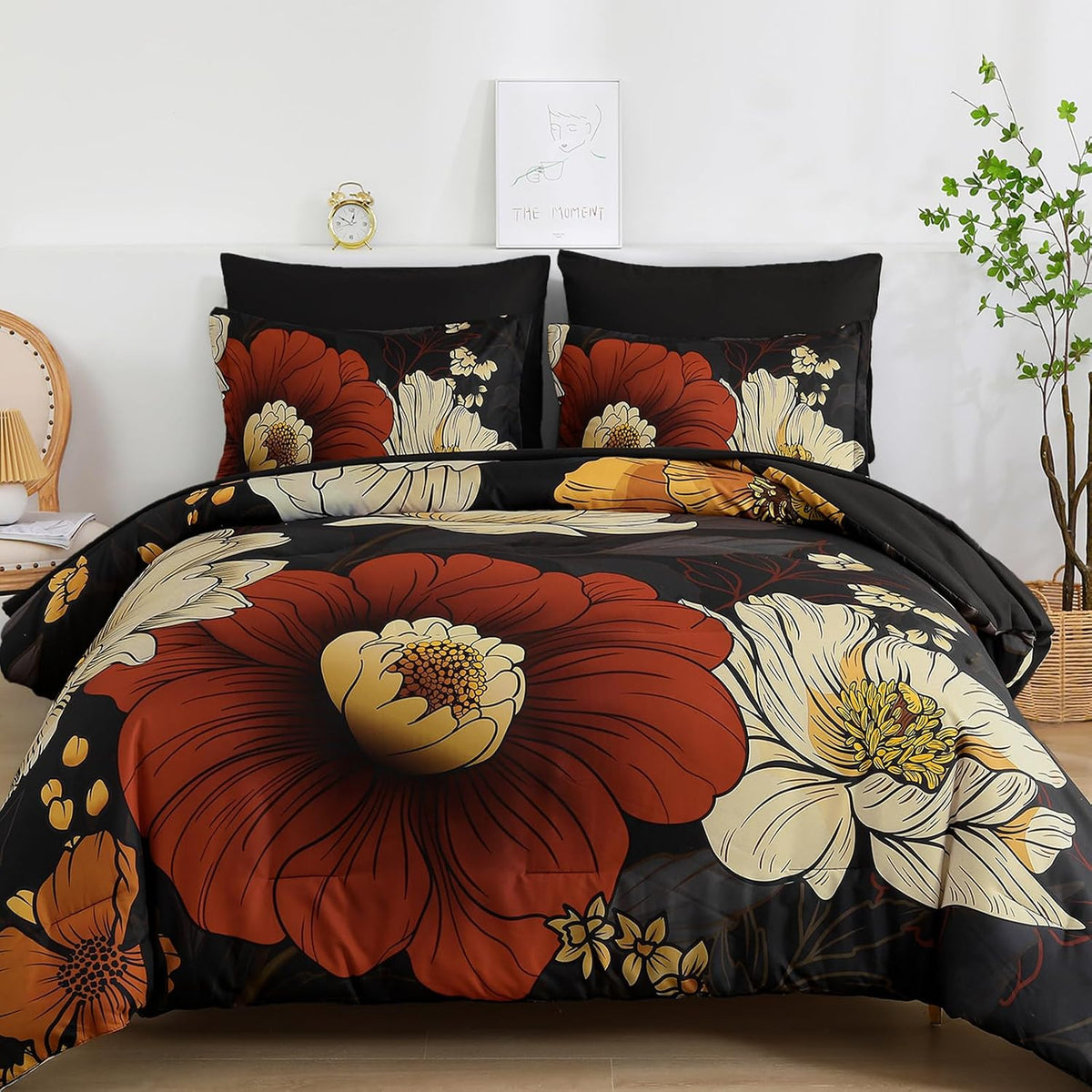 Black Floral Comforter Set, Lightweight 7-Piece Bed in a Bag