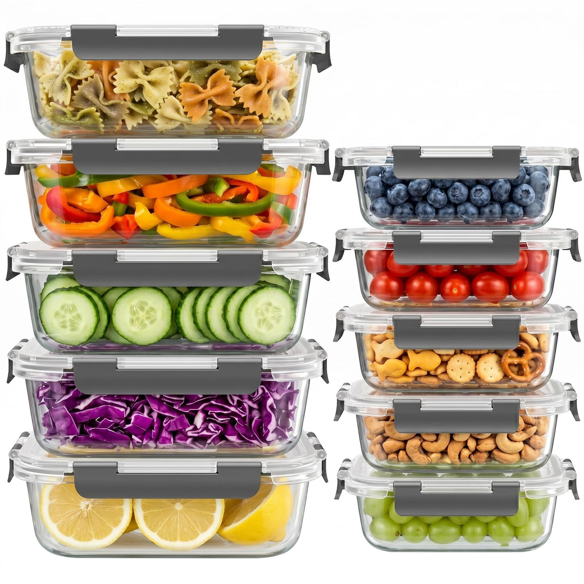 10 Sets 36 oz & 12 oz Glass Food Storage Containers with lids, Gray