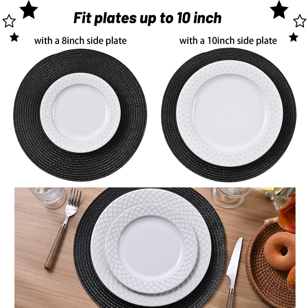Round Braided Placemats Set of 8 Place Mats for Dining Table Woven Washable Non-Slip Table Mats 13.5 Inch (Black