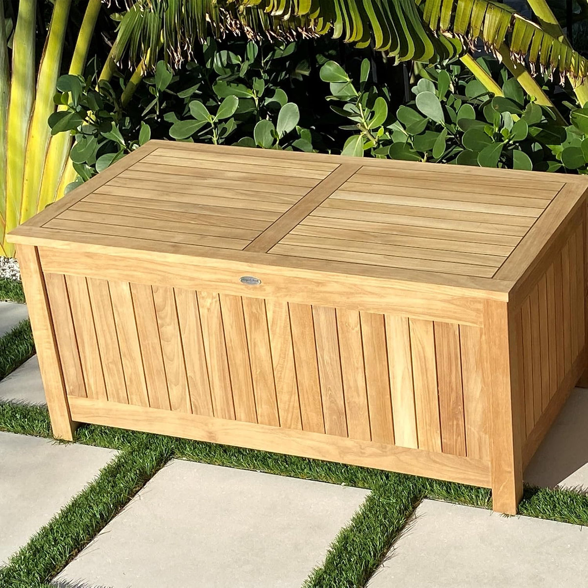 Teak Storage Box with Ventilated Sides (STBXXL), Outdoor Storage Chest, Patio Box with Lid, Premium Kiln-Dried Solid