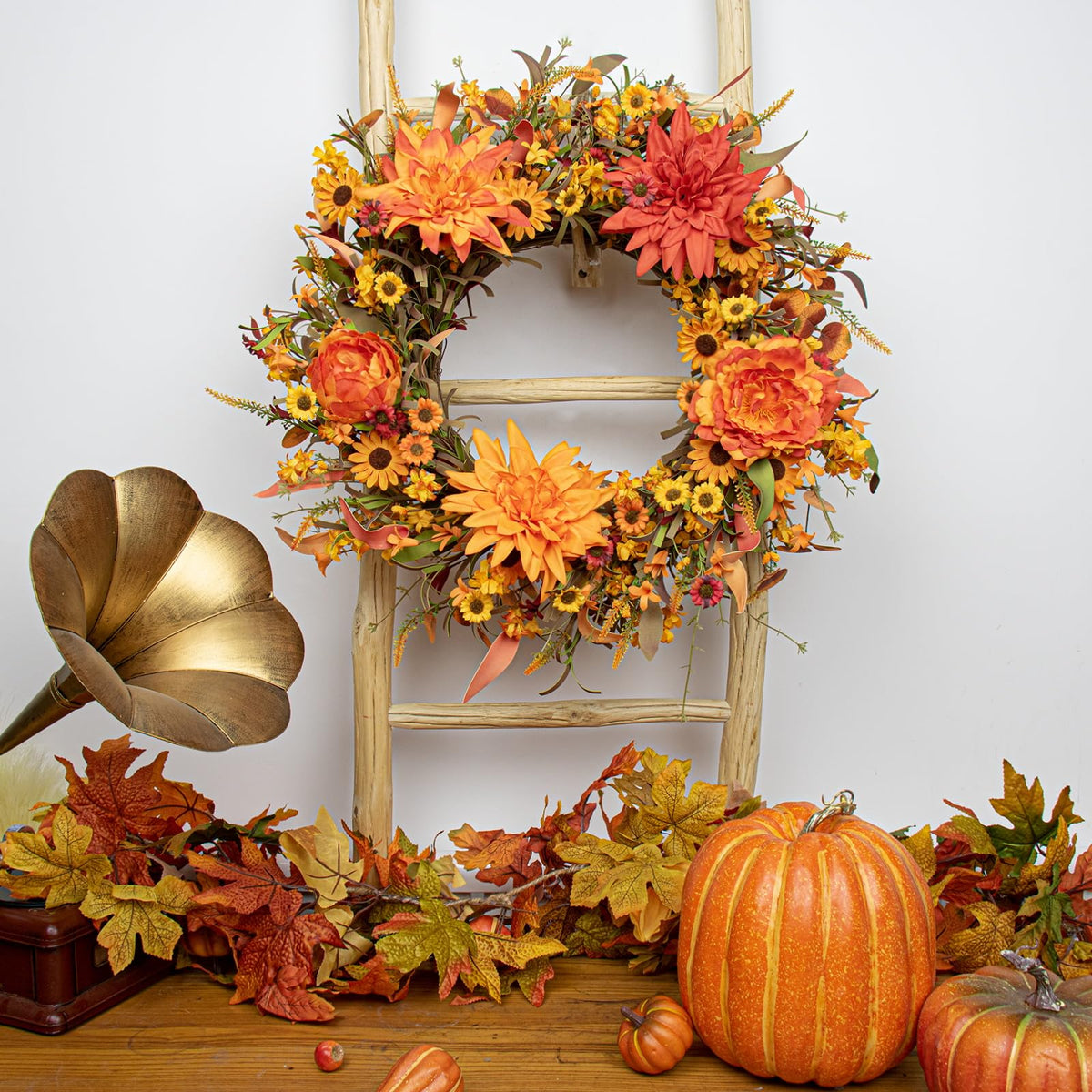 22 Inch Artificial Fall Wreath Autumn Wreaths for Front Door Thanksgiving Wreath with Peony Dahlia Daisy Flowers for