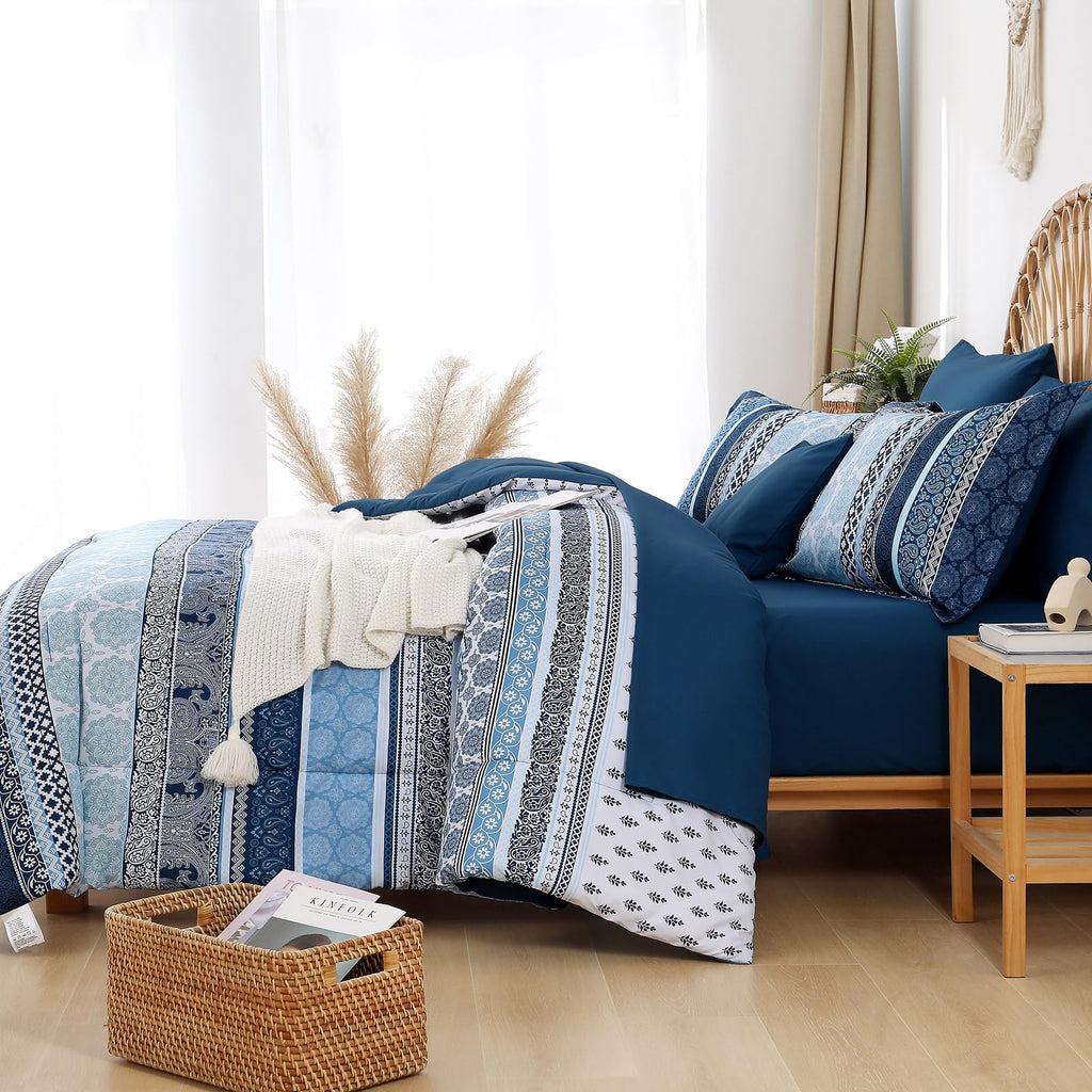 Boho Comforter Set, Navy Blue Striped Bed in a Bag