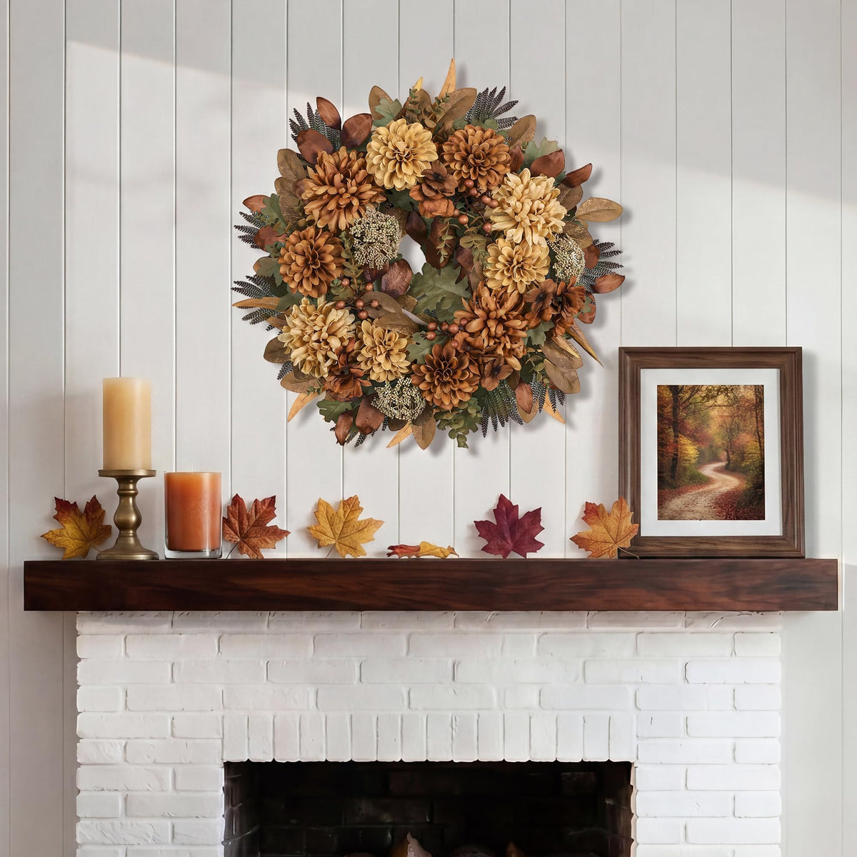 24" Fall Wreaths for Front Door with Mums Dahlias Queen Anne's Lace