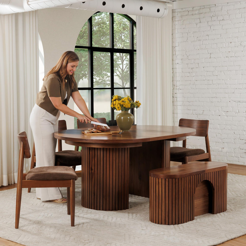 Solid Wood Extendable Round Dining Table Set, Royal Brown