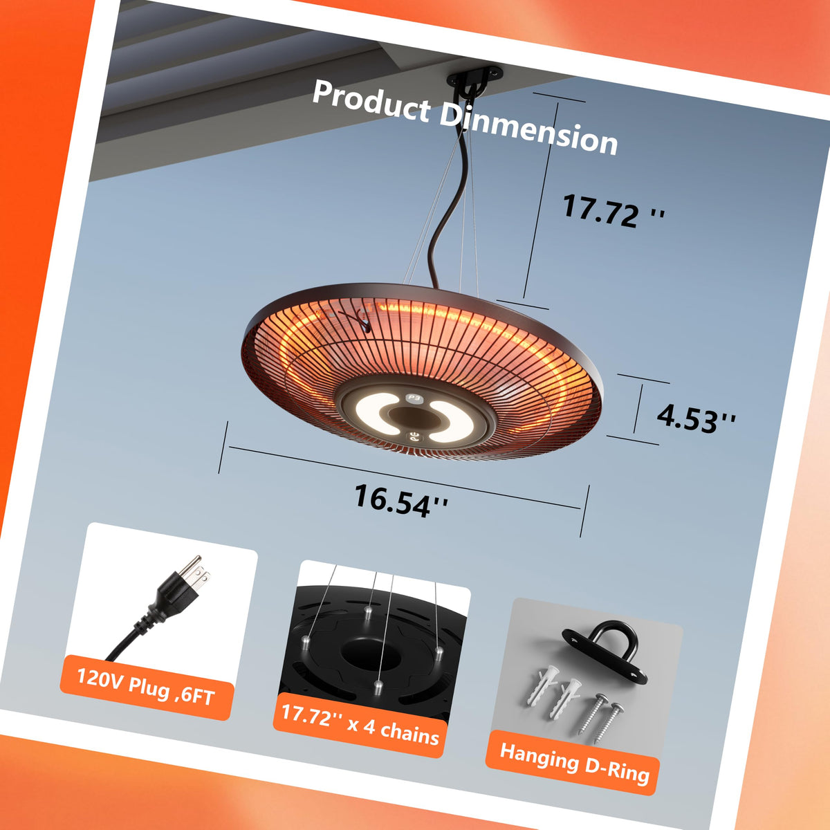 Hanging Heater, Electric Patio Heater with Light, Wifi Control, 1500W Infrared 2 Heat Levels, 24H Timers, Ceiling