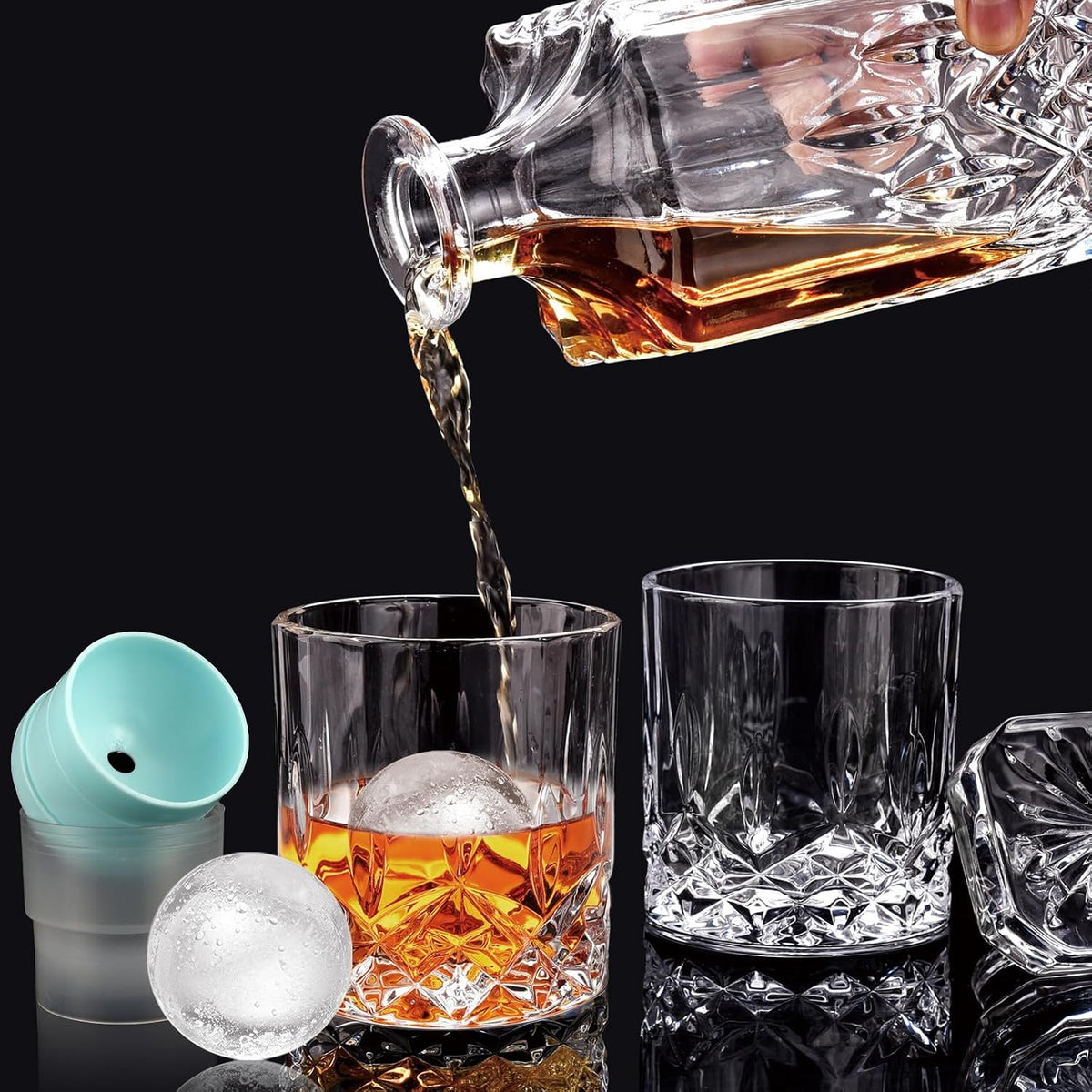 Whiskey Decanter Set for Men, 4*Crystal Whiskey Glasses(Get 4 Silicone Ice Mold Free), Lead-Free Decanter Set - Set of 9