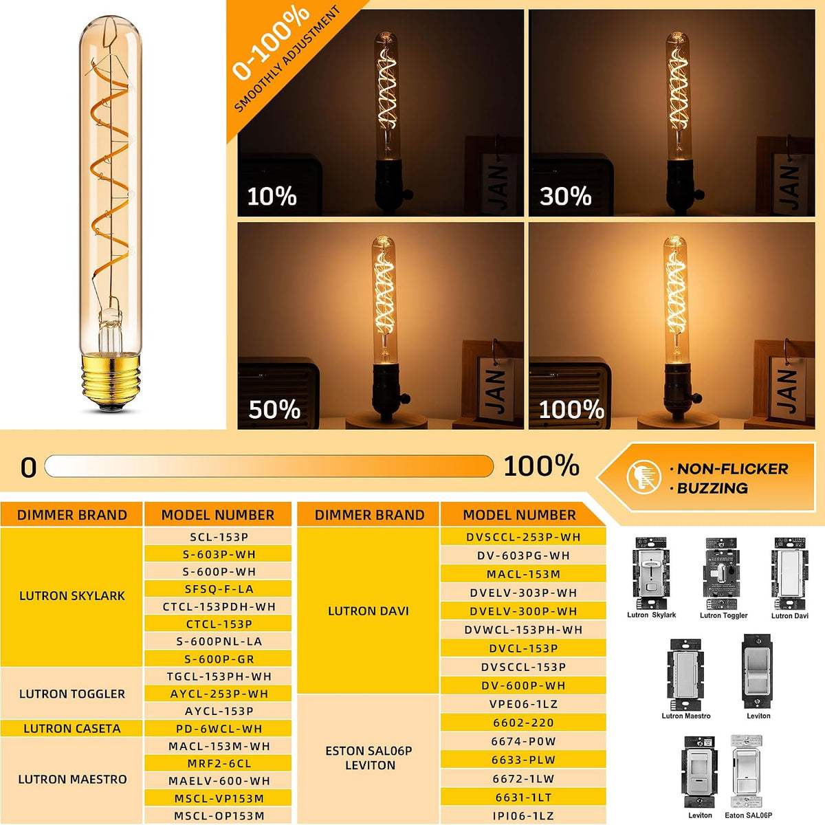 E26 Long Ediosn LED Bulb,Amber Light Bulbs 40 Watt,Spiral Filament