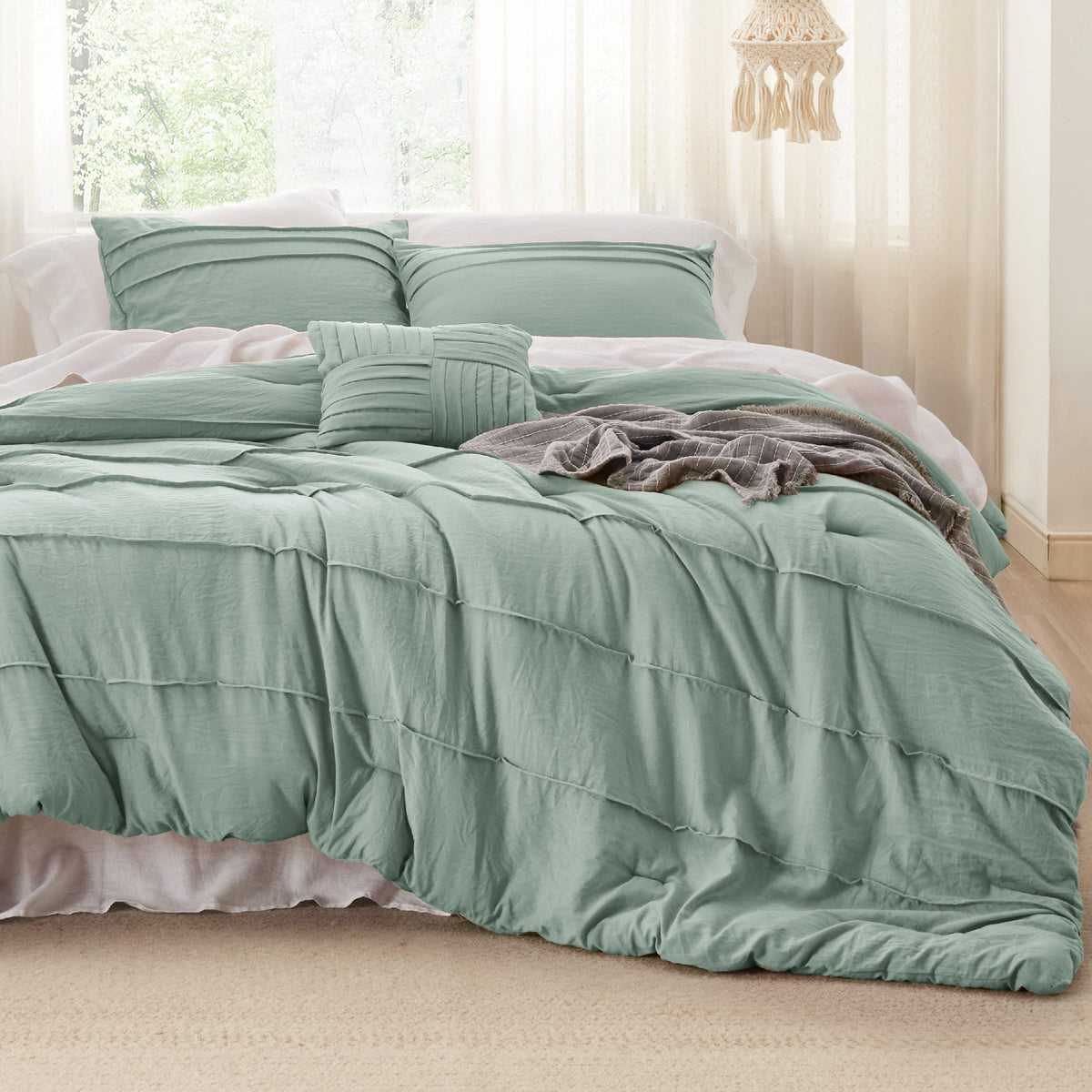 King Comforter Set 4-Pc, Sage Green Boho, Pinch Pleat, All-Season