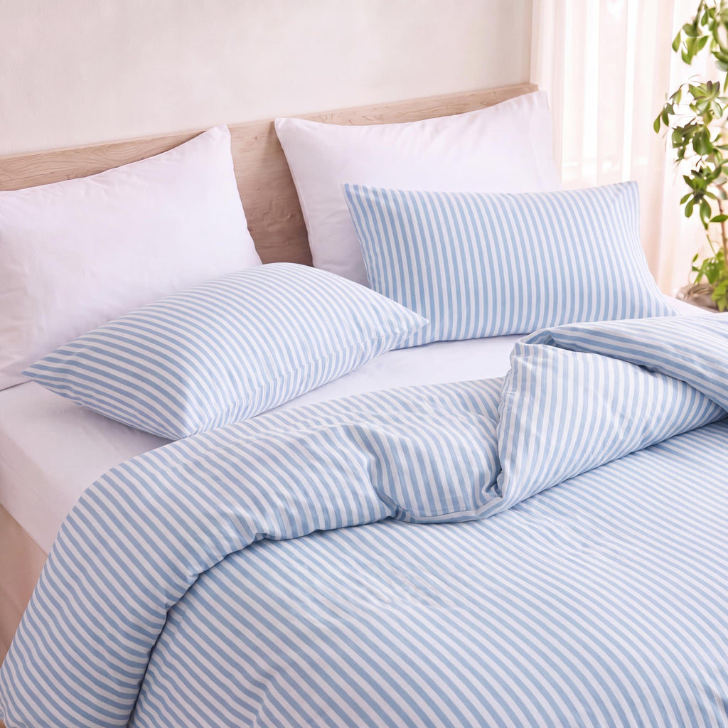 Blue Striped Comforter Set, 100% Cotton Comforter Set, 3-Piece