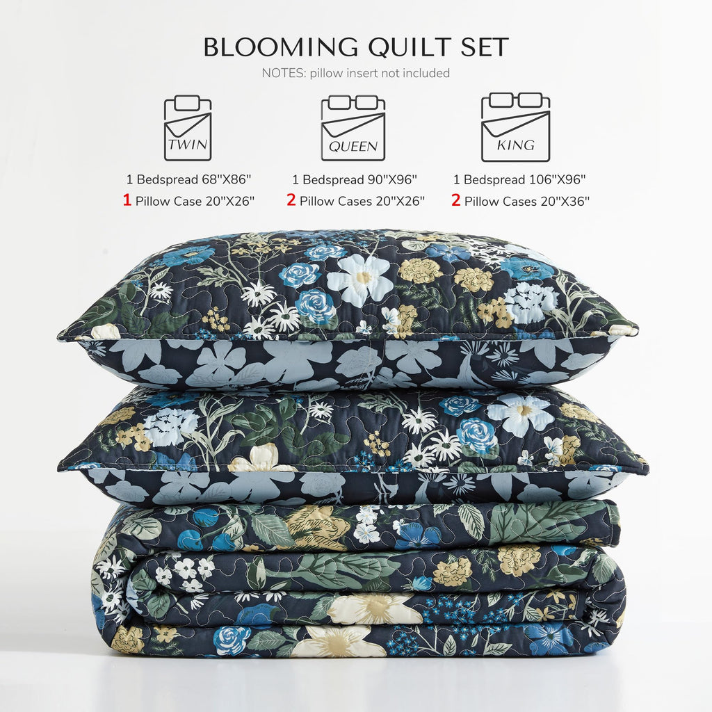 Blooming Floral Quilt Set, Reversible Botanical Flower Bedspread Coverlet, Lightweight Soft Quilted