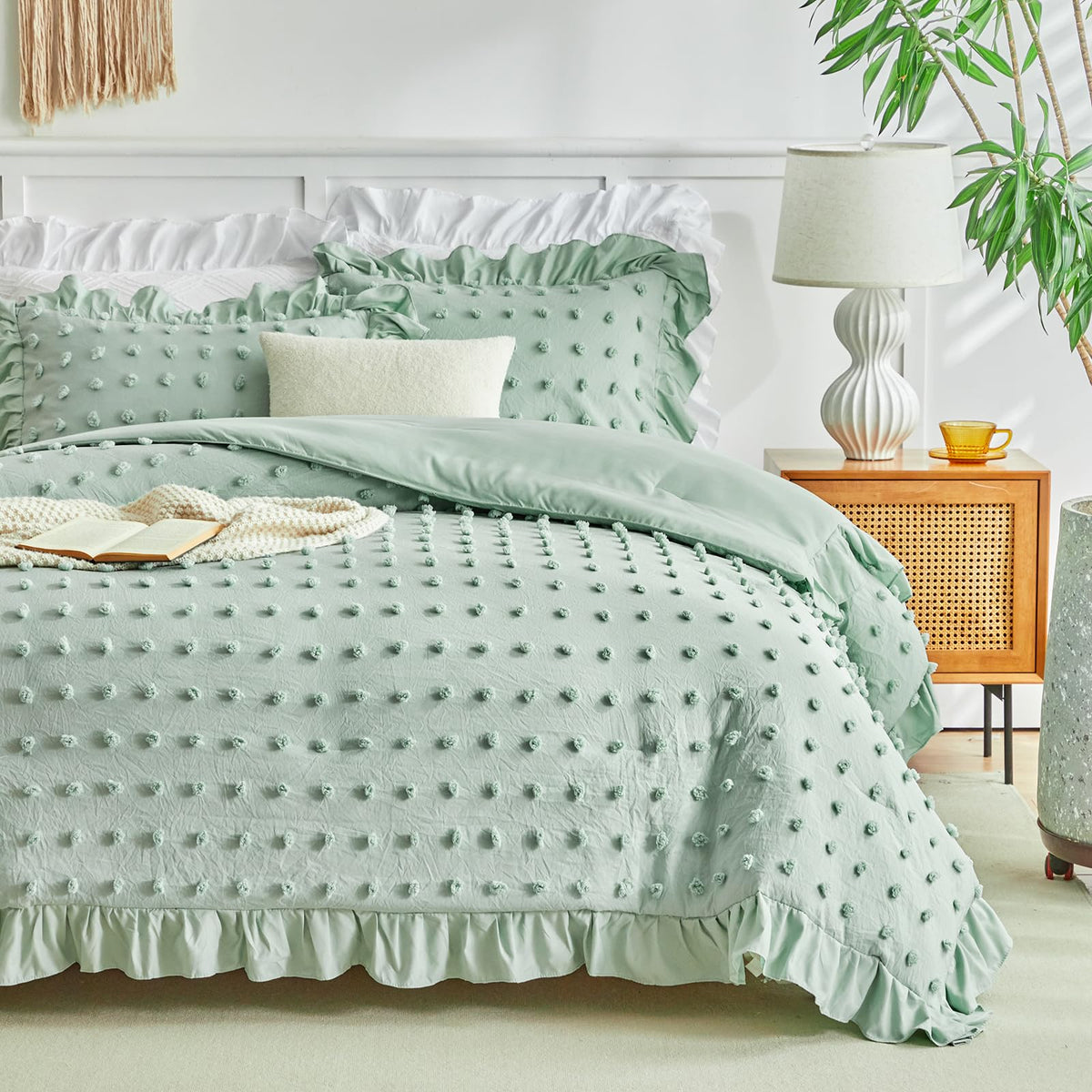 Tufted Dots Ruffle Comforter Set, 3 Pieces Sage Green Vintage Farmhouse Shabby Chic Comforters, Jacquard