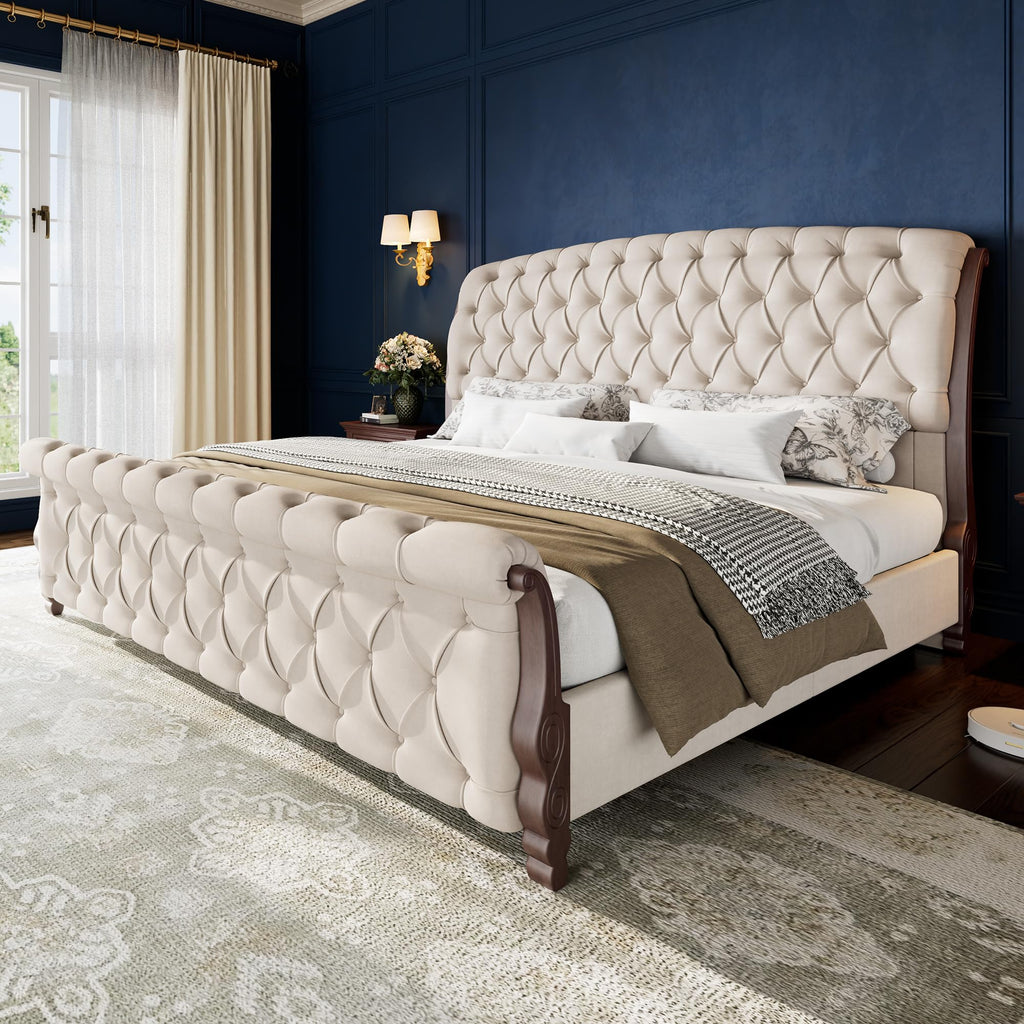 Sleigh Bed Frame, Upholstered Tufted Headboard, Cream