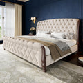 Sleigh Bed Frame, Upholstered Tufted Headboard, Cream