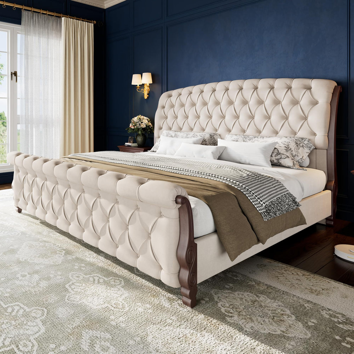 Sleigh Bed Frame, Upholstered Tufted Headboard, Cream