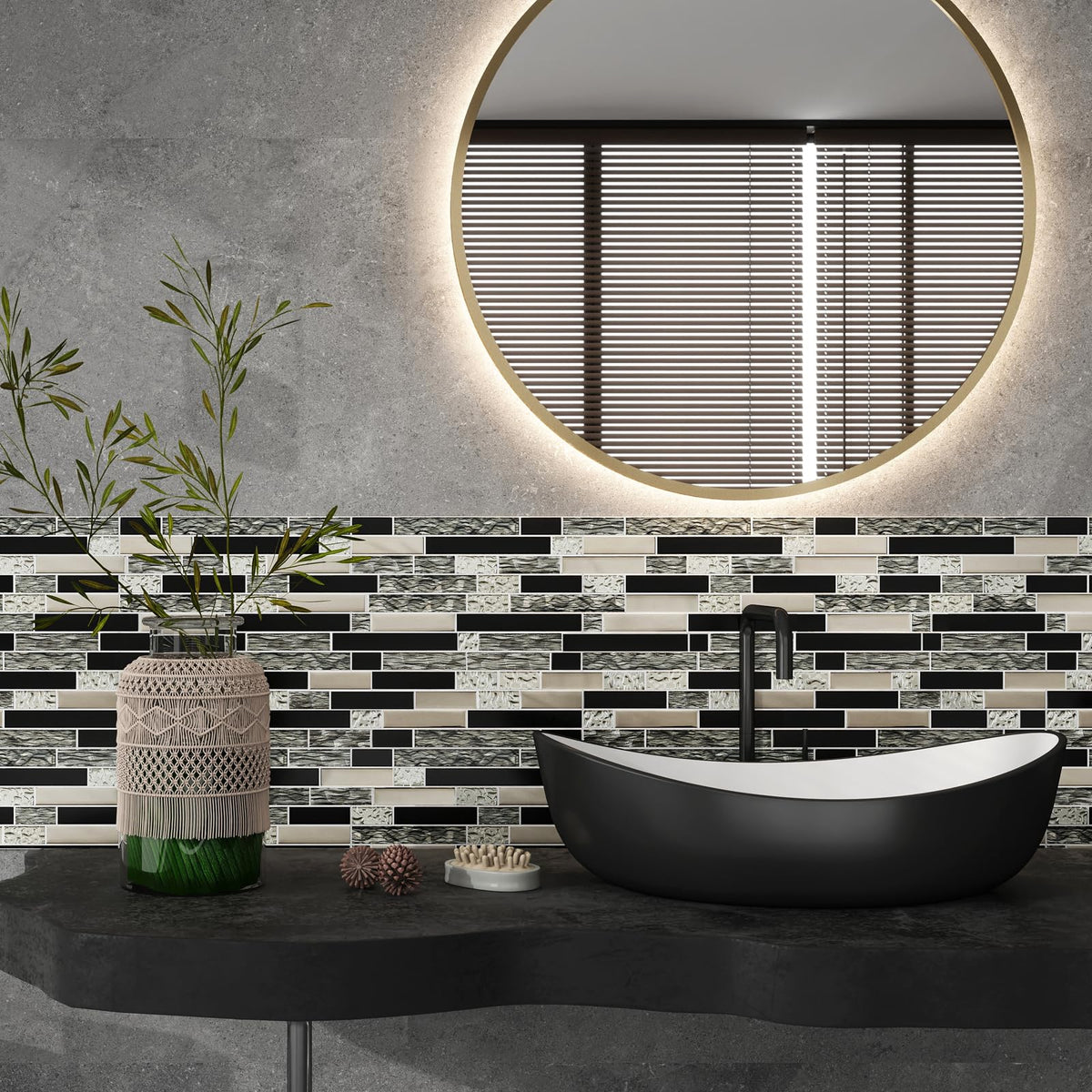 5-Sheet Glass Backsplash Tiles, 5 Square Feet Black Glass Mosaic Backsplash Subway Metal Tile Wall Bathroom