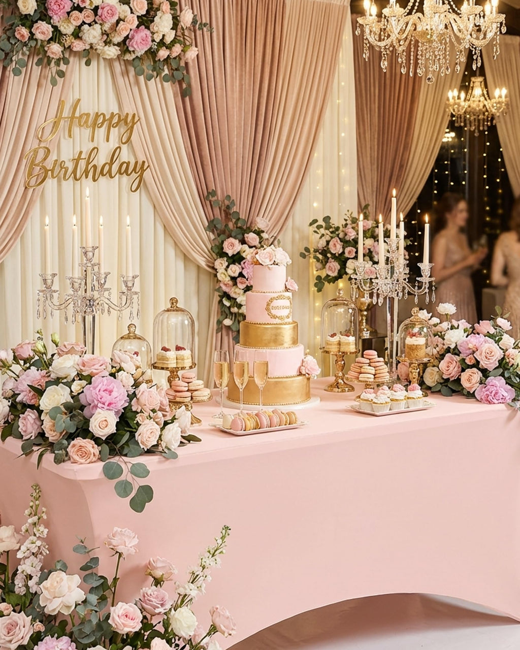 2 Pack 8FT Light Pink Birthday Tablecloth Spandex Table Cover