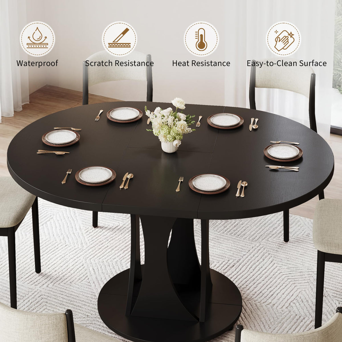 Inspired Saarinen Style 43"-59" Extendable Dining Table, Round Kitchen Table with Modern Arcs Pedestal, Oval Dinner Table with Removable