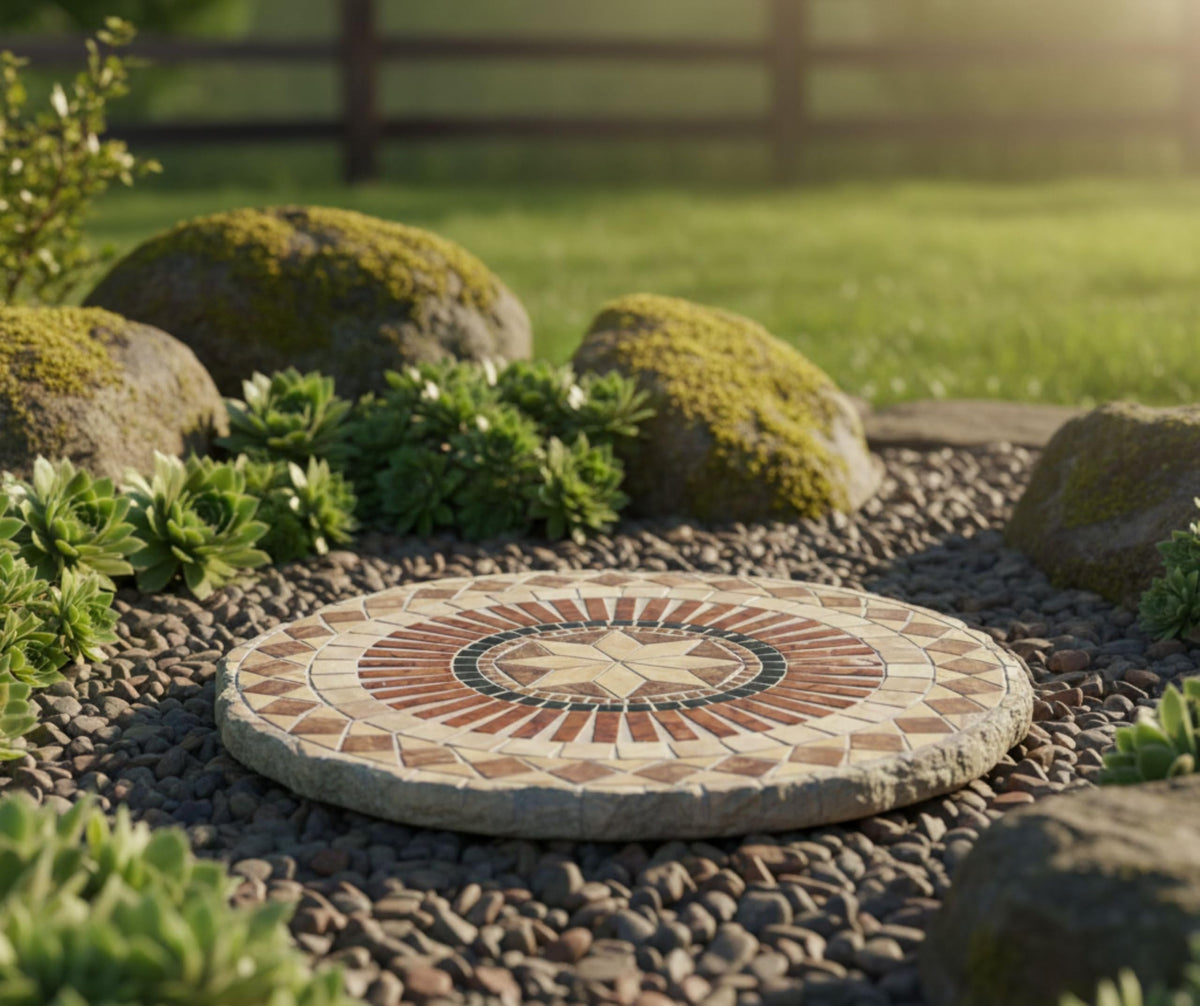 Magnolia Garden 10-Inch Geometric Mosaic Decorative Stepping Stone - Earth Tone Sunburst Resin Garden Walkway Tile
