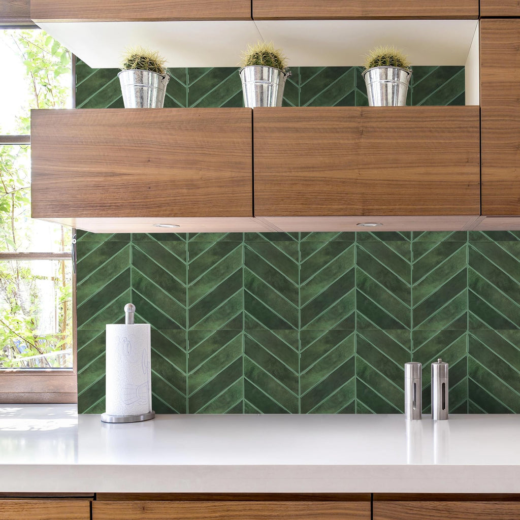 Herringbone Peel and Stick Backsplash, Green, 10 Sheets