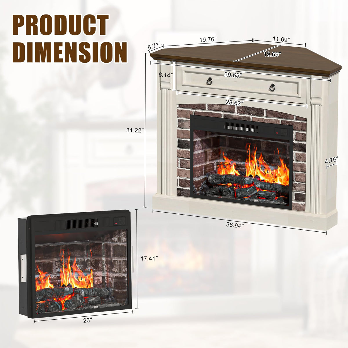 Electric Fireplace with Mantel, Corner Fireplace TV Stand, Entertainment Center with Hidden Drawer, Electric
